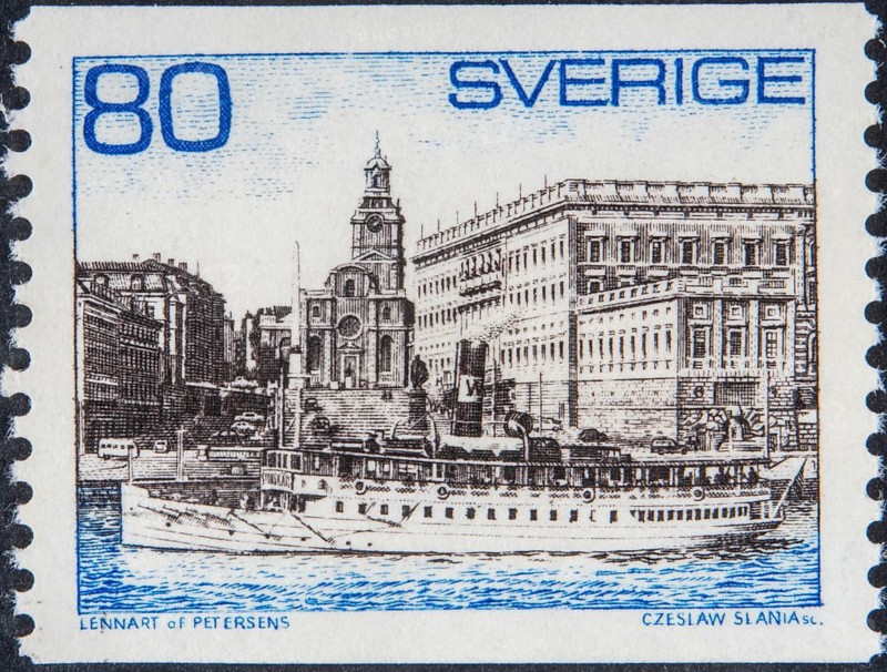 Old ferry boat at Stockholm Palace or Royal Palace, Kungliga slottet, Stockholms slott, historic centre, Gamla Stan, Stockholm, Stockholm County, Sweden, Scandinavia. Image on a Swedish post stamp