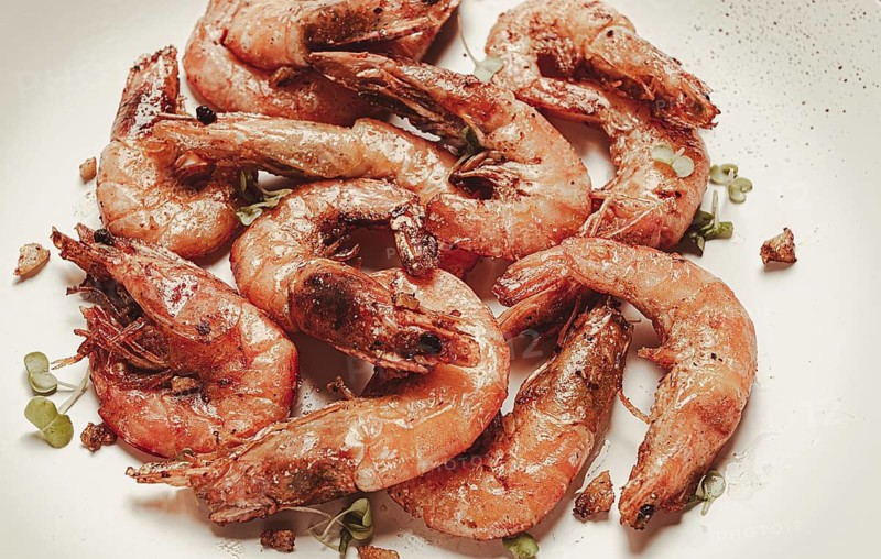 Fried tiger prawns, with spices, homemade, top view