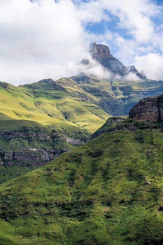 Mountains with fog at the amphitheatre, Drakensberg National Park, KwaZulu Natal, South Africa