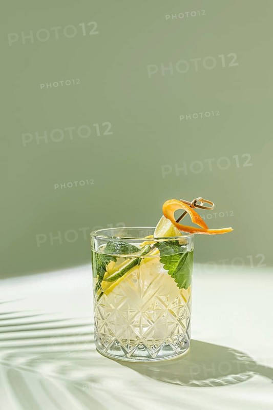 A vibrant image capturing a refreshing cocktail with slices of citrus and mint leaves, presented on a light green, sunlit background, perfect for summer vibes