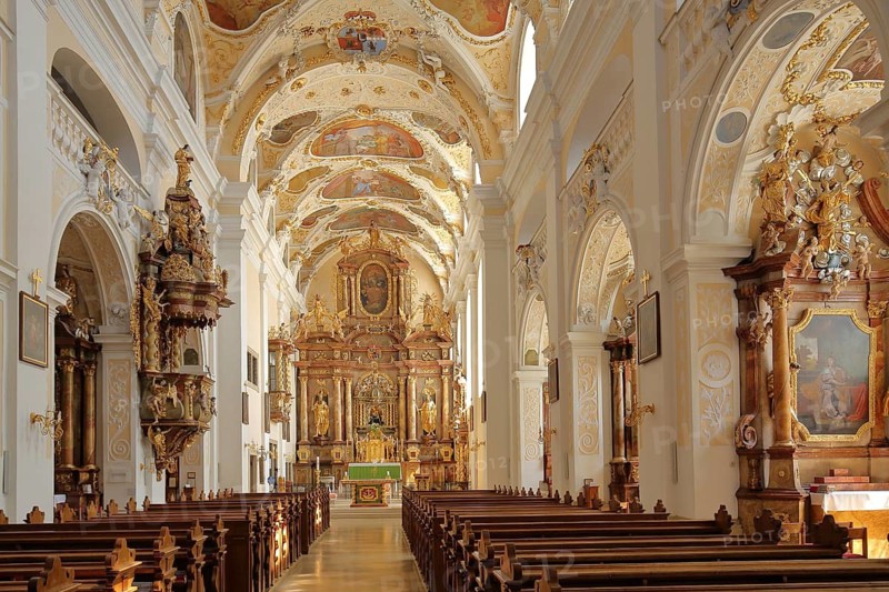 Magnificent baroque basilica with frescoes, pulpit and decorations, interior view, Frauenkirchen, Lake Neusiedl, Burgenland, Austria