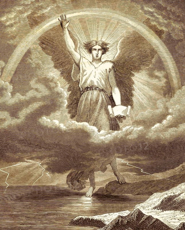 The angel with the book, he screamed in a big voice as a lion roars, the revelation of the Apostle John, chapter 10, verses 1-7, New Testament, sky, cloud, rainbow, head, face, sun, feet, fire pillar, booklet, hand, right foot on land, Bible, historical illustration 1850