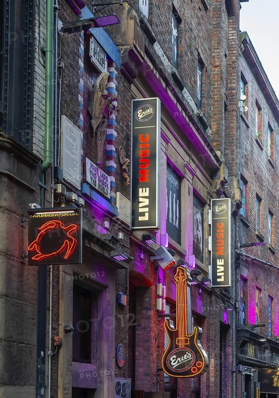Signs outside Eric's music club, Mathew Street, city centre of Liverpool, Merseyside, England, UK