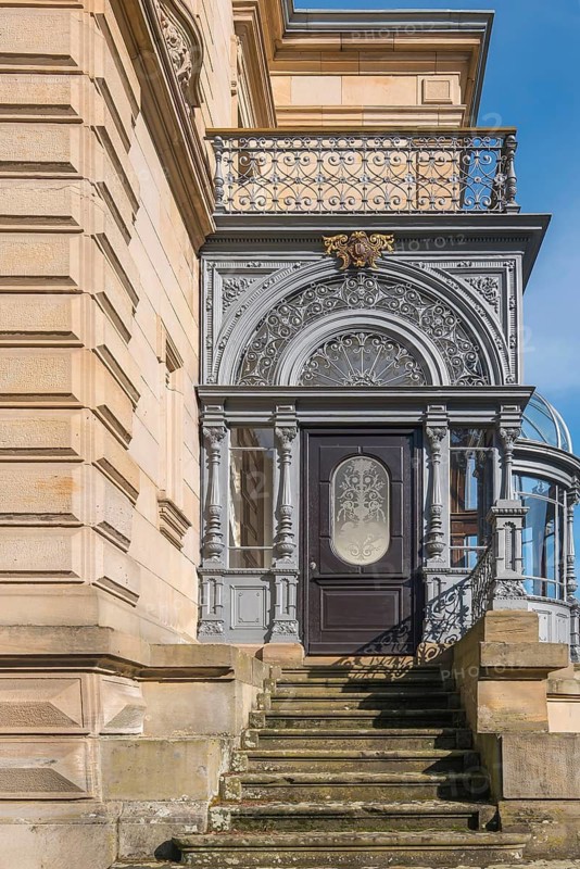 Ornate historic door front with staircase and decorative veranda, Landau, Southern Palatinate, Palatinate, Rhineland-Palatinate, Germany