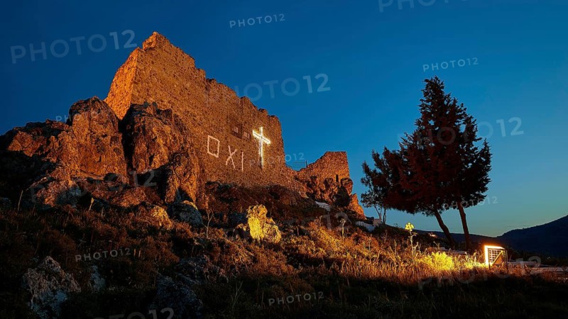 Castle ruins with illuminated cross in the evening, a tree next to it, quiet ambience, Archangelos, castle, place, castle of Archangelos, Rhodes, Dodecanese, Greek Islands, Greece