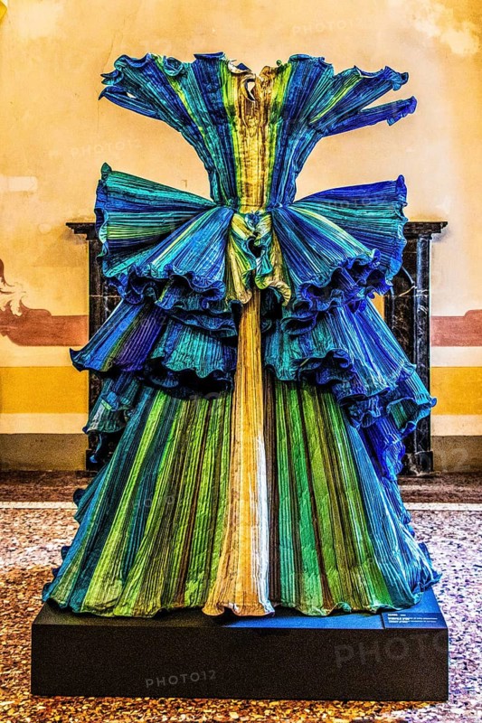 Oceano, sculpture made of pleated taffeta in various shades of blue, 1998, exhibition of magnificent evening dress creations by fashion designer Roberto Capucci, 17th century Villa Manin, residence of Ludovico Manin, Codroipo, Friuli, Italy, Codroipo, Friuli, Italy