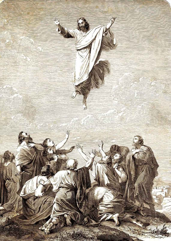 A cloud picked him up in front of her eyes, Ascension Day, Acts of the Apostles, chapter 1, verse 9, New Testament, power, Saint Spirit, witnesses, Jerusalem, Judea, soar to heaven, terror, kneel, ascend, Jesus, Mount of Olives, Bible, historical illustration 1850