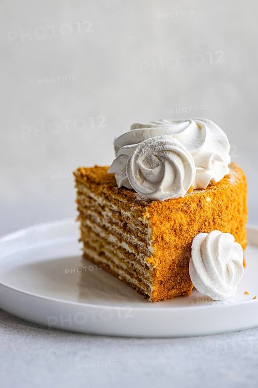 Slice of homemade honey cake, rich with layers of flavor, topped with a creamy sour cream sauce and elegantly decorated with fluffy vanilla zephyr marshmallows