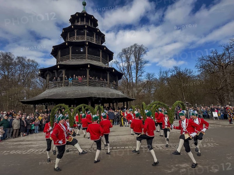 Schaeffler dance in 2026 in the English Garden, behind the Chinese Tower. The event takes place every 7 years between Epiphany and Shrove Tuesday, Munich, Bavaria, Germany