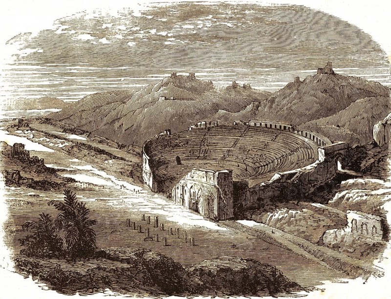 Ruins of the theatre at Ephesus or Ephesus, the Acts of the Apostles, chapter 19, New Testament, landscape, mountains, well preserved, rows of seats, round layout, Bible, historical illustration 1850