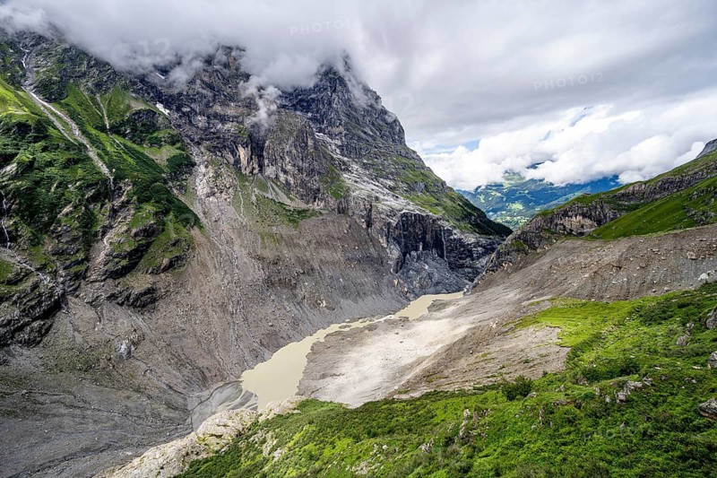 Valley with glacier flow of the Grindelwald-Fiescherfirn glacier, Bernese Alps, Bernese Oberland, Switzerland