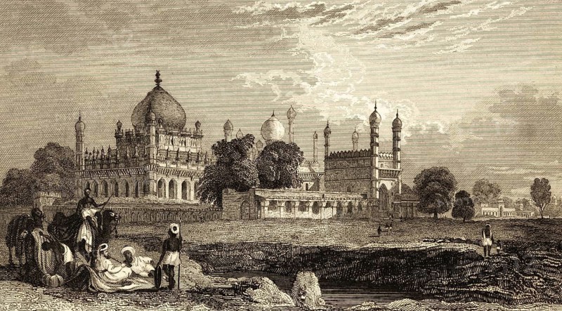 Ibrahim Rauzal tomb in Vijayapura or Bijapur, Karnataka, India, domed building, minarets, horsemen, people, landscape, architecture, steel engraving, historical illustration 1834