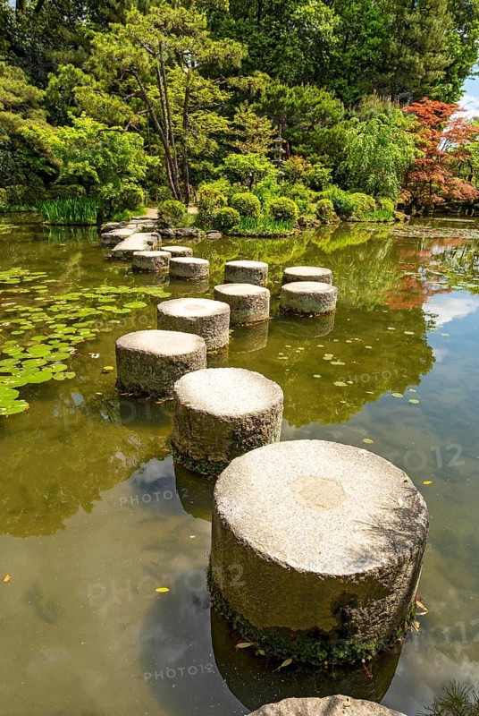 Garyukyo stepping stones across the pond at Heian-jingu Shrine, Kyoto, Japan