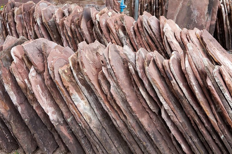 Old red sandstone roofing tiles, Bodenwerder, Weserbergland, Lower Saxony, Germany