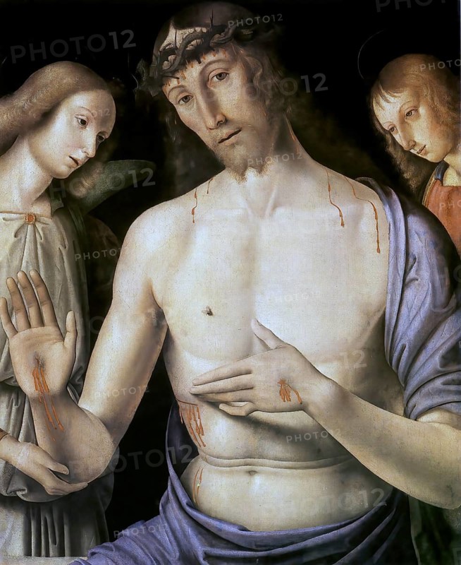 Man of Sorrows with Two Angels, c. 1490, Jesus Christ surrounded by two angels, painting by Giovanni Santi, 1435 to 1494, an Italian painter of the Umbrian school and father of Raphael, Historical, digitally restored reproduction of a 19th century original, exact date unknown