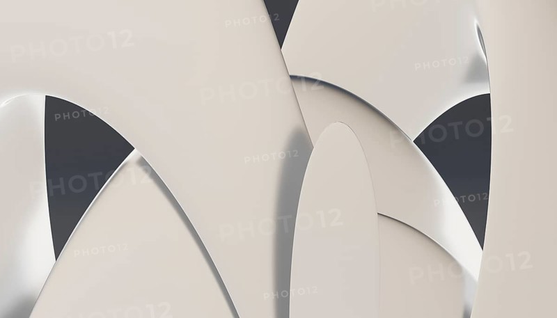 This image features a contemporary 3D rendered abstract background with curvilinear shapes in soft monochromatic tones, showcasing a balance of light and shadow to highlight its smooth textures and elegant form