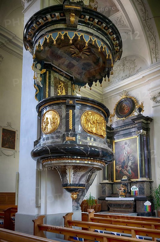 Interior view of the pulpit, Peter and Paul parish church, pillared hall church, Willisau, Canton Lucerne, Switzerland