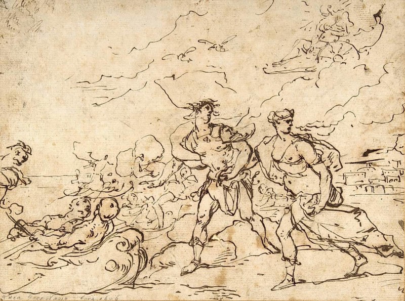Luca Giordano (b. 18 October 1634, d. 3 January 1705), called Fa Presto, Italian painter and etcher of the Baroque period, The Abduction of Helen (1634-1705), Painting, Reproduction of the painting in its original state, Work of art, Historical, Linear drawing with two ancient figures on the beach with sea in the background