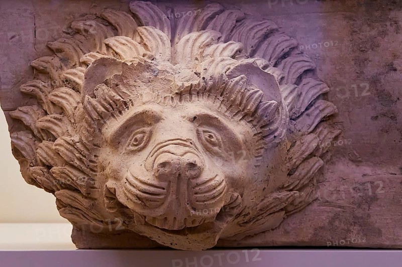 Ancient lion head gargoyle, gargoyle, ancient stone relief of a lion's head shows artistic details, Olympia Archaeological Museum, Ancient Olympia, Olympia, Peloponnese, Greece