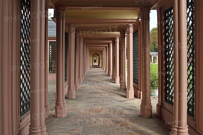 Colonnade with corridor at the mosque, Schlossgarten, Schwetzingen, Baden-Württemberg, Germany