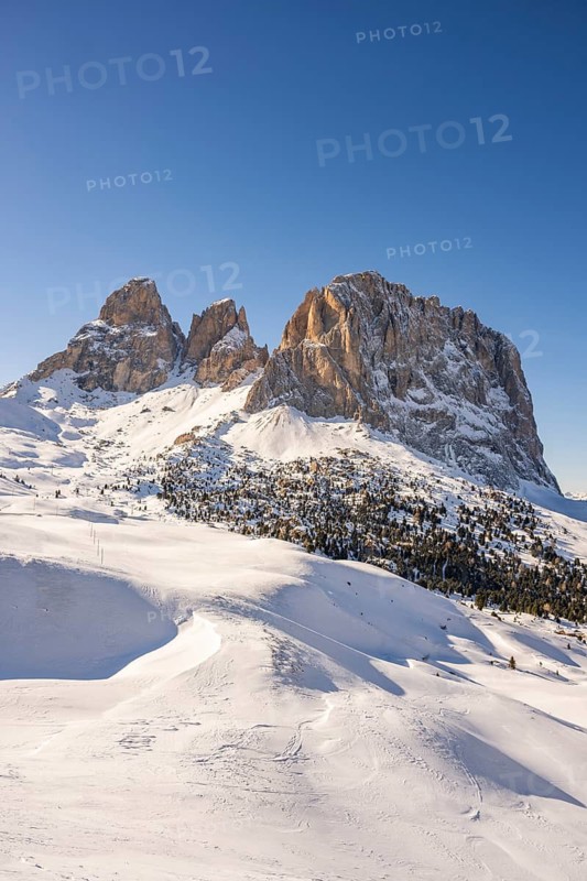 Beautiful landscape of the Mountain silhouettes of the Sexten Dolomites on a sunny winter day, South Tyrol, Trentino-South Tyrol, Alto-Adige, Italy
