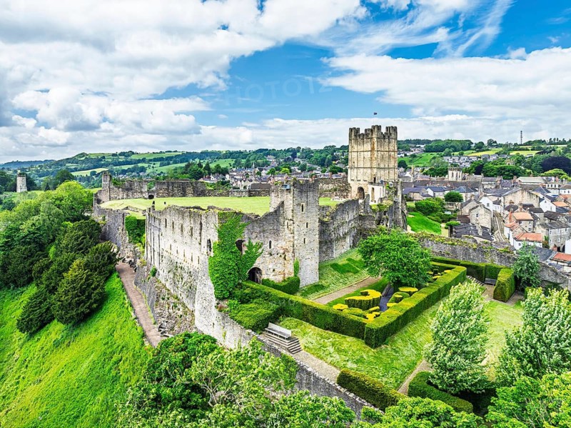 Richmond Castle from a drone, Richmond, Yorkshire Dales, North Yorkshire, England, United Kingdom