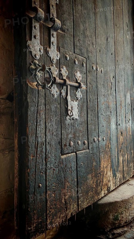 Old, massive wooden door with decorative metal fittings and visible patina, gate to the fortress, Rosenberg fortress, Kronach, Frankenwald nature park Park, Upper Franconia