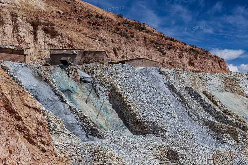 Quarry with loose boulders and rocks on a dry slope, The silver mines of Potosi on Cerro Rico in Bolivia