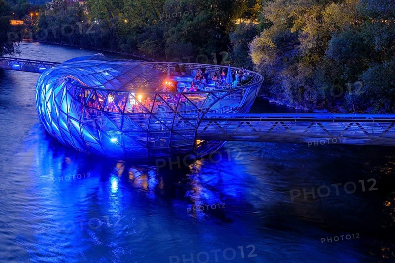 Murinsel, at dusk, architect Vito Acconci, river Mur, Graz, Styria, Austria