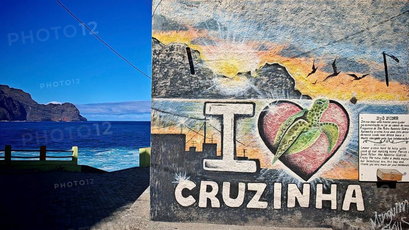 Wall with graffiti 'I Love Cruzinha' and a coastal scene in the background, Cruzinha, hiking, Santo Antao, Cabo Verde, Cape Verde, Cape Verde