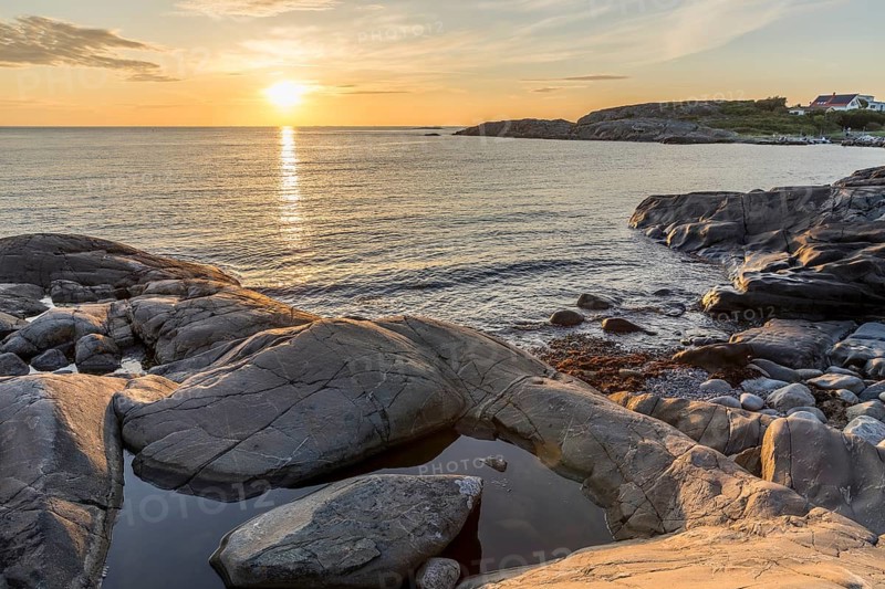 Sunset on the North Sea with archipelago on the west coast near Lerkil, Hallands län, Sweden