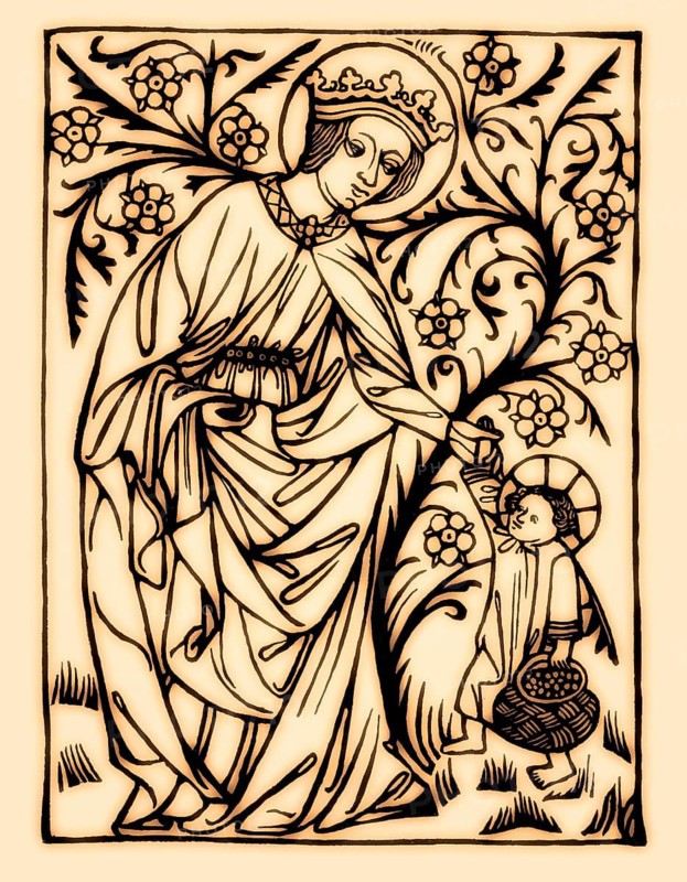 Saint Dorothy, Dorothea of Caesarea with the Christ-child, wood engraving, 1410