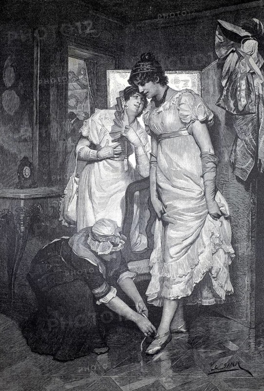Under the seal of secrecy, a woman whispers something to another while a maid ties her shoes, 1896, illustration, reproduction from a 19th-century model. Authentic, file restored for optimal use, exact date of submission unknown, historical, woman dress elegantly. The scene shows preparations for a special occasion
