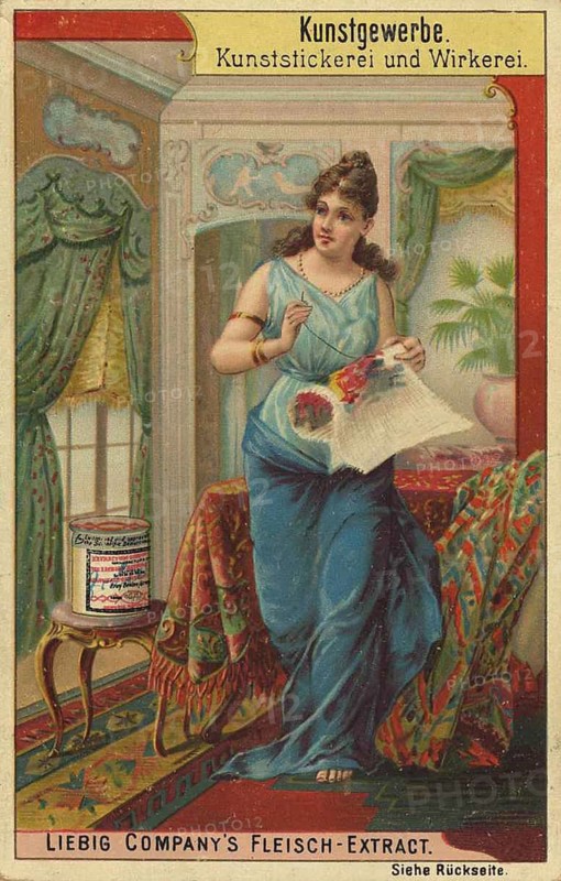 Picture series Arts and crafts, artistic embroidery and warp knitting, Liebig picture, digitally restored reproduction of a collector's picture from ca 1900, public domain, exact date unknown, woman busy with embroidery in a richly decorated room