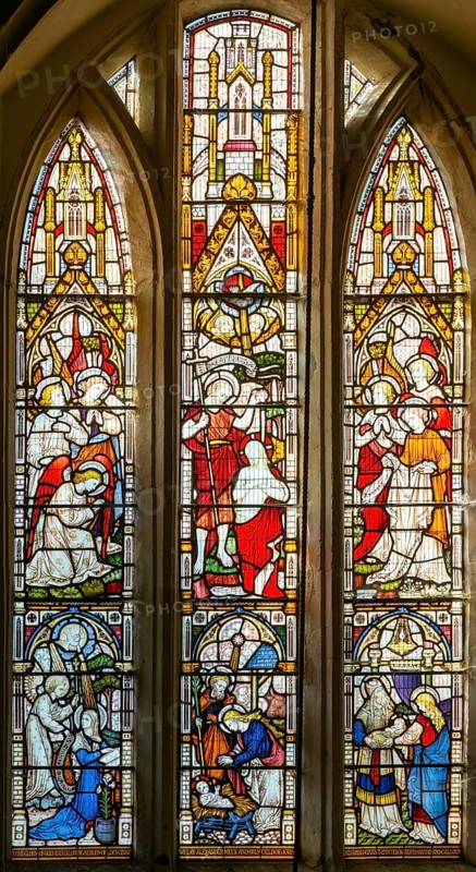 Stained glass window of various biblical scenes, church of Saint Peter, Manningford Bruce, Wiltshire, England, UK by Clayton and Bell