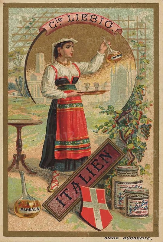 Picture series Drinks of the countries, Italy, Marsala wine, Liebig picture, digitally restored reproduction of a collector's picture from ca 1900, public domain, exact date unknown, An Italian woman in traditional dress with Marsala wine bottle