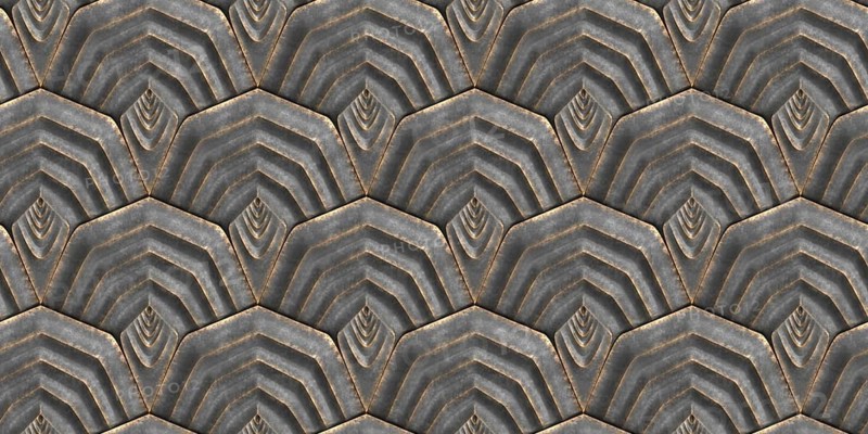 3D pattern featuring interlocking shield-like tiles with a layered metallic texture. Ideal for futuristic architecture, interior design, and digital surface effects