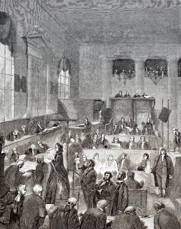 Ein Prozess im Old Bailey, London, England, um 1808