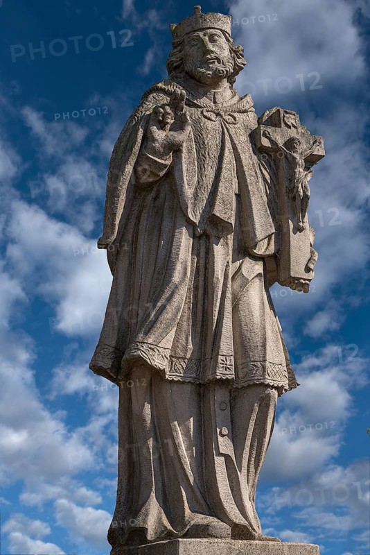 Sculpture of St. Nepomuk, cloudy sky, Zeil am Main, Lower Franconia, Bavaria, Germany