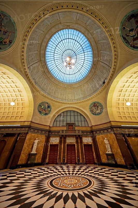 Foyer with glass dome in the spa hotel and Casino in the evening, Wiesbaden, Hesse, Germany