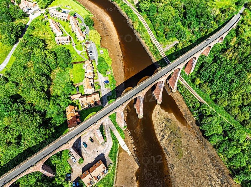 Larpool Viaduct over River Esk and Esk Valley Viaduct from a drone, Whitby, North Yorkshire, England, United Kingdom