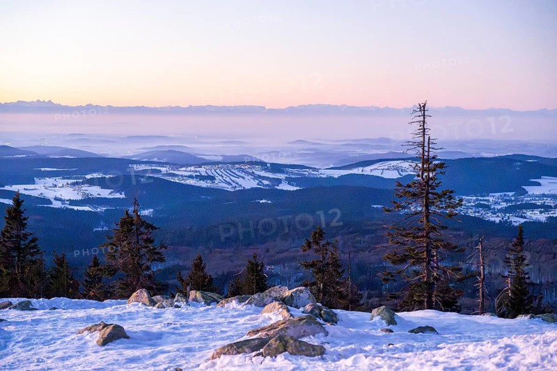 View from Mount Lusen over the hills of the bavarian forest at sunrise in winter, Bavaria, Germany