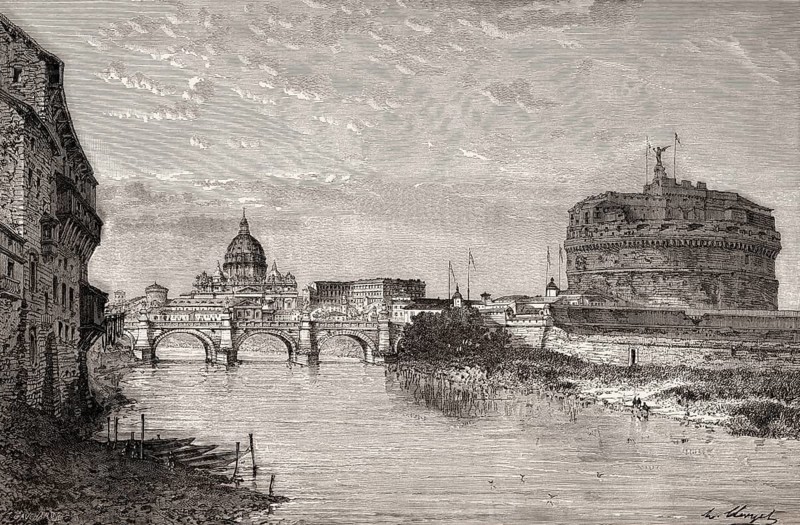 Scenic view of Ponte Sant'Angelo and Castel Sant'Angelo, Rome, Italy, 19th Century
