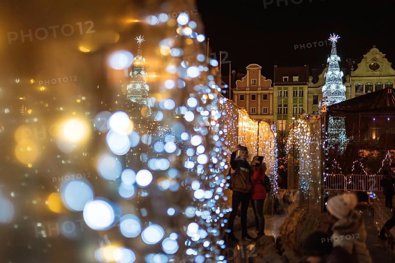 WROCLAW, POLAND - DECEMBER 08, 2018: Christmas fair in the market square of Wroclaw. Decoration and christmas tree