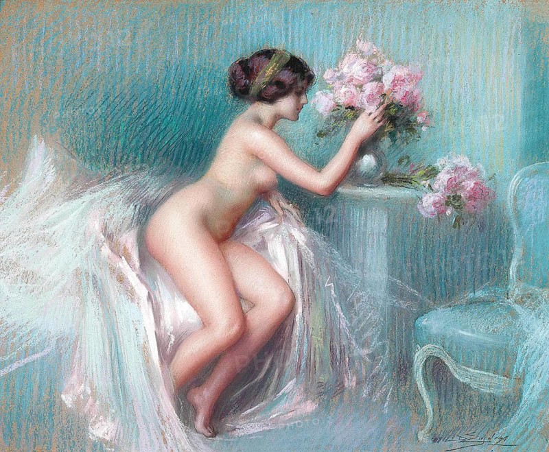 Arranging Summer Blooms (c. 1900) is a well-known work by the French academic painter Delphin Enjolras (1857-1945) . The work depicts a graceful woman sitting at a table, carefully arranging a bouquet of pink flowers, illustration, reproduction from a painting. Authentic, File restored for optimal use, Exact date of original unknown, Historic, Nude woman admiring flowers in delicate pastel ambience, surrounded by elegant furnishings