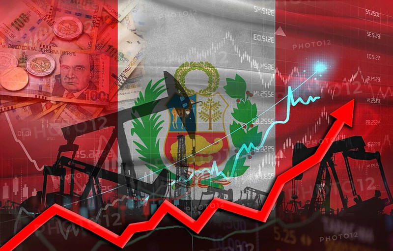 Oil production with Peruvian flag, petrol industry. Oil pumps with Peru flag