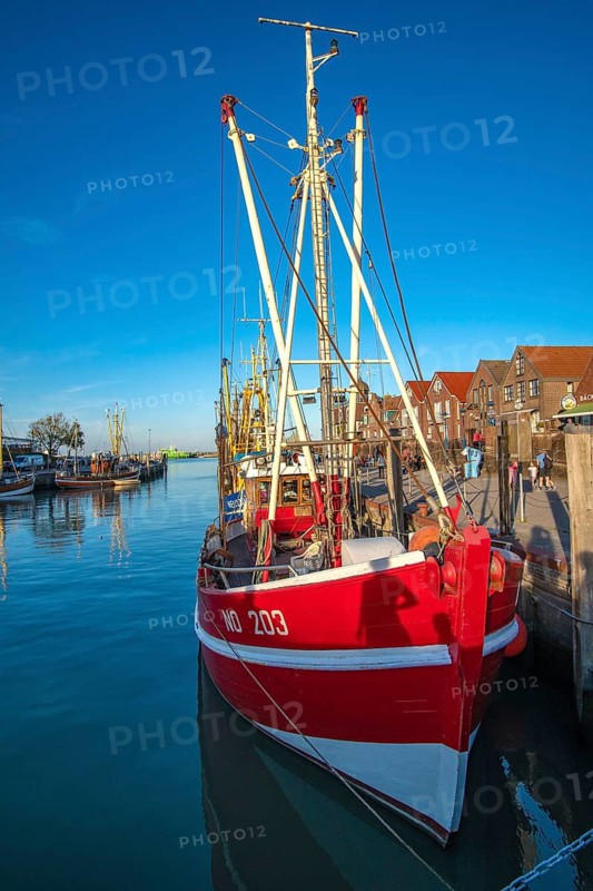 The harbour of Neuharlingersiel, East Frisia, Lower Saxony, fishing boats, fishing cutter, monument, Neuharlingersiel, Lower Saxony, Federal Republic of Germany