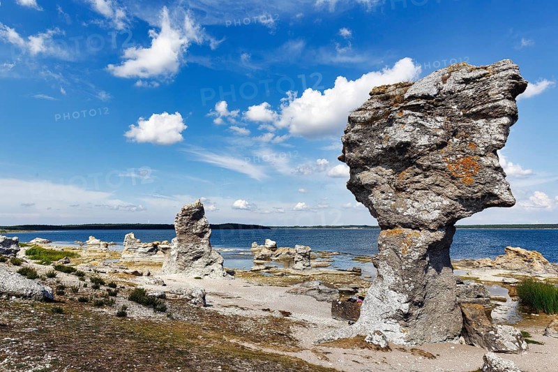 Raukar, limestone pillars, mythical creatures, coastline, Cumulus, uninhabited island of Asunden, near Gotland, Baltic Sea, Sweden