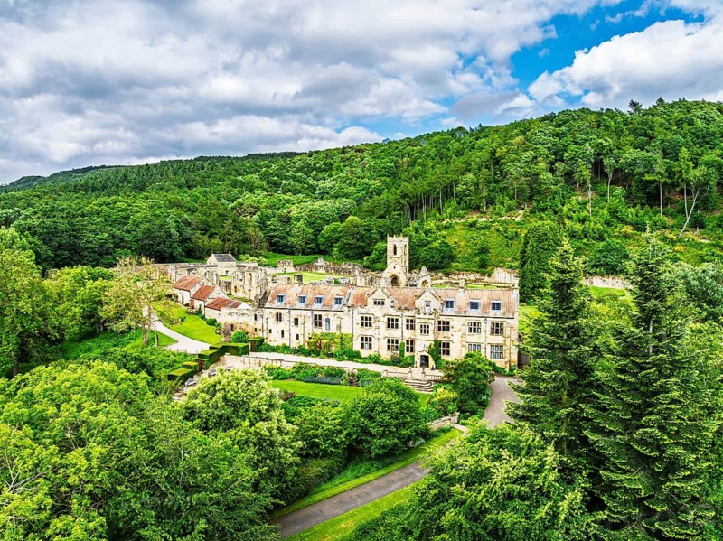 Mount Grace Priory, House and Gardens from a drone, East Harlsey, North Yorkshire, England, United Kingdom