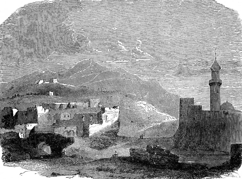 Ruins of Emmaus west Jerusalem, Luke Gospel, New Testament, Emmaus Nicopolis, ruins, church, building, mountain, Jesus, Christianity, Bible, historical illustration 1850